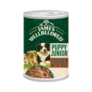 White background with a tin of James Wellbeloved Chicken, rice and vegetable puppy/Junior Food. The tin is green and cream with 3 puppies pictured, with text 'Puppy/Junior, Chicken with Rice'. 