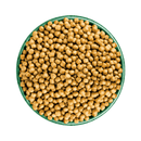 White background with a green bowl pictured filled with cat food kibbles. 