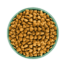 White background with a green bowl pictured filled with dog food kibbles. 