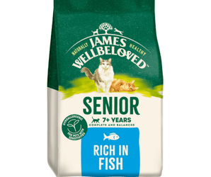 White background with a bag of James Wellbeloved Senior Fish dry cat food. Packaging is green and cream with 2 cats pictured, with text 'Senior, 7+ years, Rich in Fish'. 