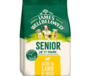 White background with a bag of James Wellbeloved Lamb & Rice Senior Dog Food. Packaging is green and cream with 3 dogs pictured, with text 'Senior, 7+ years, Rich in Lamb and Rice'. 