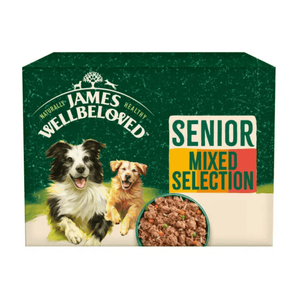 White background with a multipack box of James Wellbeloved Mixed Senior Wet Food. The tin is green and cream with 2 dogs pictured, with text 'Senior, Mixed Selection'. 