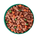 White background with a green bowl pictured filled with wet senior dog food. 