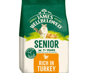 White background with a bag of James Wellbeloved Senior Turkey dry cat food. Packaging is green and cream with 2 cats pictured, with text 'Senior, 7+ years, Rich in Turkey'. 