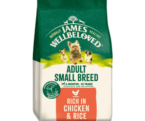 White background with a bag of James Wellbeloved Small Breed Chicken & Rice Dog Food. Packaging is green and cream with small breed 3 dogs pictured, with text 'Adult Small Breed, Dog 6 months - 10 years, Rich in Chicken and Rice'. 