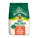 White background with a bag of James Wellbeloved Small Breed Chicken & Rice Dog Food. Packaging is green and cream with small breed 3 dogs pictured, with text 'Adult Small Breed, Dog 6 months - 10 years, Rich in Chicken and Rice'. 