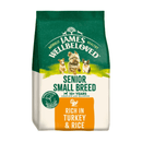 White background with a bag of James Wellbeloved Turkey & Rice Senior Small Dog Food. Packaging is green and cream with 3 dogs pictured, with text 'Senior Small Breed, 10+ years, Rich in Turkey and Rice'. 