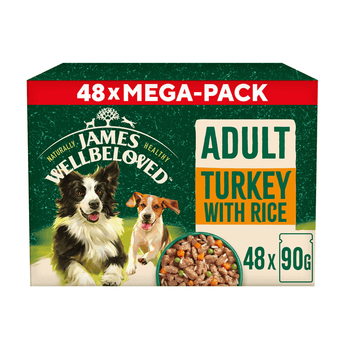 White background with a mega box of James Wellbeloved Turkey with Rice and vegetables Dog Wet Food. The box is green and cream with 2 adult dogs pictured on the box.