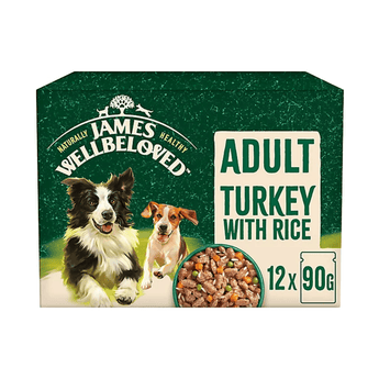 White background with a mega box of James Wellbeloved Turkey with Rice Dog Wet Food. The box is green and cream with 2 adult dogs pictured on the box.