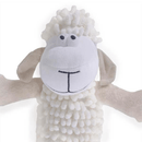 Close up of front facing cream sheep dog toy with a white fabric face with with pom pom like eyes and stitched detail nose and mouth, micro fibre body, cream arms pictured on a white background. 