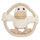 Cream Cartoon style plush dog toy within a rope ring, duck is holding rope ring with it's wings pictured on a white background. 