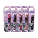White background with five cat collars backed on lilac cardboard with text 'Kitty & Co, Cat Collar, Reflective, Snag, Snag free for your cat's safety' The sets are in pink, purple, red, orange and black. 