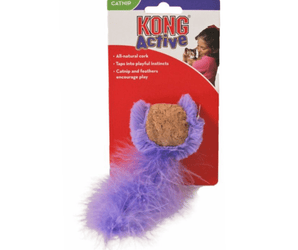 White background with a purple KONG Cork Ball for cats with a feather tail, attached to a cardboard tag, pictured on the tag is a girl holding a kitten.