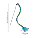 White background with a KONG Cat Curlz Teaser pictured. The teaser is blue, green and purple with blue feathers and purple twisted ribbons on the end with measurements underneath and to the left, indicating height of 28" including curlz and width of 1.25". 