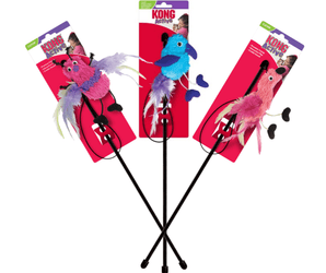 White background with three cat toy teasers on sticks attached to cardboard backings. There is a pink and purple bug toy with wing feathers, a blue bird with a feather tail and a pink flamingo with feathery wings. 