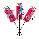 White background with three cat toy teasers on sticks attached to cardboard backings. There is a pink and purple bug toy with wing feathers, a blue bird with a feather tail and a pink flamingo with feathery wings. 
