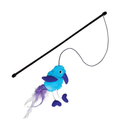White background with a blue bird with purple features cat teaser on a stick with a purple feather tail. 