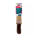 White background with a KONG Cat Kickeroo toy, which is half teal waffle fabric and half brown jute with a dark brown fluffy tail. The Kickeroo toy is attached to a cardboard backing. 