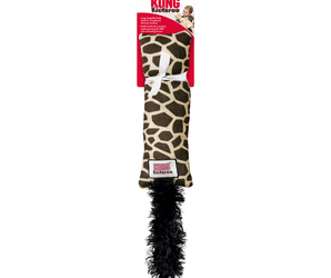 Long giraffe patterned kickeroo cat toy with a black fluffy tail attached, backed on a red cardboard packaging. Pictured on a white background. 
