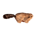 Brown faux fur beaver cat toy with black eyes and dark brown nose and and tail on a white background. 