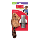 Brown faux fur beaver cat toy with black eyes and dark brown nose and and tail. Packaged on a backing card with a boy and kitten on with text 'KONG Refillables' and bullet points 'Premium Catnip, Refillable and Cuddly Fabric' in white text on a red background. All pictured on a white background.