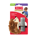 Faux fur hedgehog cat toy with black eyes and nose with brown faux fur as spines and a cream belly. Packaged on a backing card with a boy and kitten on with text 'KONG Refillables' and bullet points 'Premium Catnip, Refillable and Cuddly Fabric' in white text on a red background. All pictured on a white background.