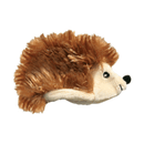 Faux fur hedgehog cat toy with black eyes and nose with brown faux fur as spines and a cream belly. Pictured on a white background.