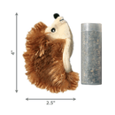 Faux fur hedgehog cat toy with black eyes and nose with brown faux fur as spines and a cream belly. Pictured next to a catnip vial. Measurements displayed to the left 4" and underneath 2.5". Pictured on a white background.