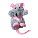 Grey faux fur rat cat toy with black eyes and nose and pink ears, belly, feet and tail, pictured on a white background.