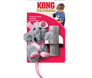 Grey faux fur rat cat toy with black eyes and nose and pink ears, belly, feet and tail. Packaged on a backing card with a boy and kitten on with text 'KONG Refillables' and bullet points 'Premium Catnip, Refillable and Cuddly Fabric' in white text on a red background. All pictured on a white background.