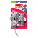 Grey faux fur rat cat toy with black eyes and nose and pink ears, belly, feet and tail. Packaged on a backing card with a boy and kitten on with text 'KONG Refillables' and bullet points 'Premium Catnip, Refillable and Cuddly Fabric' in white text on a red background. All pictured on a white background.