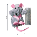 Grey faux fur rat cat toy with black eyes and nose and pink ears, belly, feet and tail. Pictured next to a vial of catnip. With measurements displayed to the left 3.75" and underneath 2". All pictured on a white background.