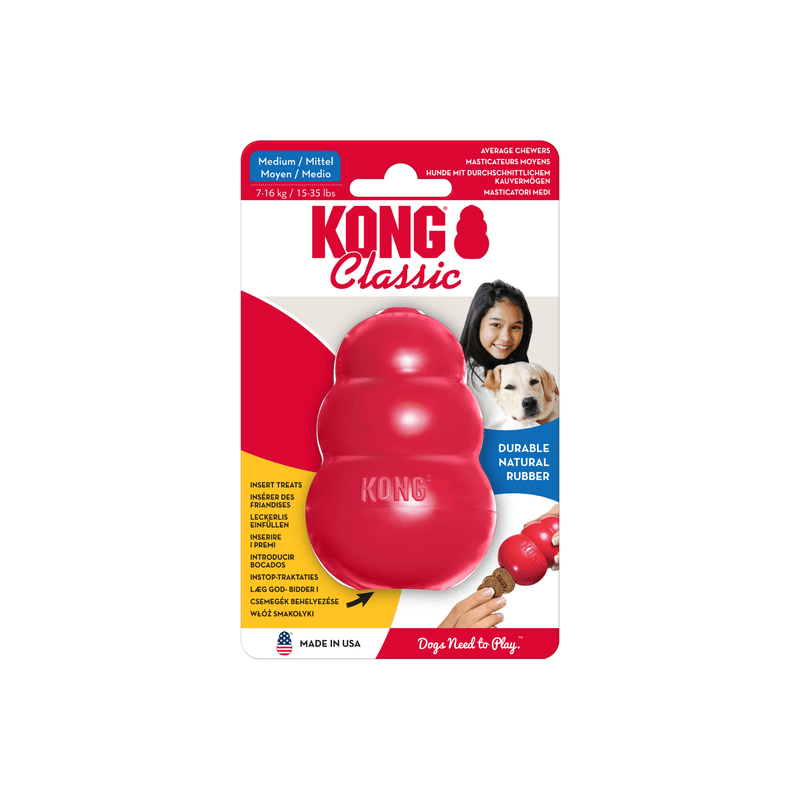 Medium Kong Classic red dog toy in packet