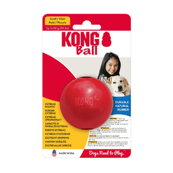 White background with a pack of one KONG Classic small dog ball, pictured on the pack is a girl holding a Labrador dog. 