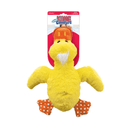 White background with a KONG yellow plush duck dog toy with an orange beak and feet, attached to a cardboard backing.