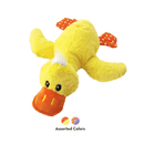 White background with a KONG yellow plush duck dog toy with an orange beak and feet, out of it's packaging. Below the duck is two circles showing the different colours available. 