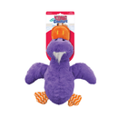White background with a KONG purple plush duck dog toy with a orange beak and feet, attached to a cardboard backing.