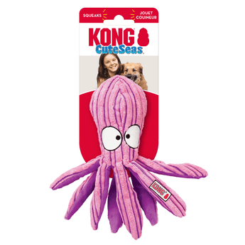 Pink stripy fabric Octopus Dog Toy with dark pink stripes and underside attached to a cardboard backing, pictured on a white background. 
