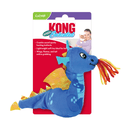 Blue plush dragon cat toy with yellow wings and spines, pale blue spots and belly with frame coloured wool threads from it's mouth. Packaged on a backing card with a woman and cat on with text 'KONG Enchanted Dragon' and bullet points 'Crackle sound sparks hunting instincts, Lightweight soft toy ideal for batting and wings, flames, and tail entice grabbing' in white text on a red background. All pictured on a white background.