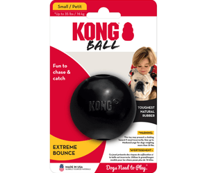 White background with a pack of a black Small KONG Extreme Dog Ball pictured on the pack is a boy with a Bulldog.