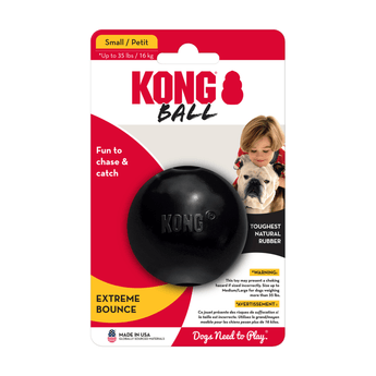White background with a pack of a black Small KONG Extreme Dog Ball pictured on the pack is a boy with a Bulldog.