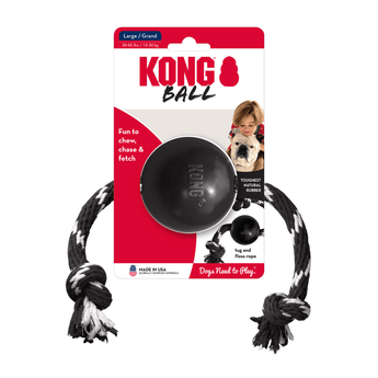 White background with a pack of a black KONG Extreme Dog Ball with rope pictured on the pack is a boy with a Bulldog.