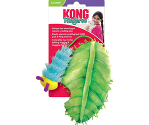 White background with a blue and yellow KONG Flingaroo Caterpillar cat toy attached to a green plush leaf, attached to a cardboard backing.