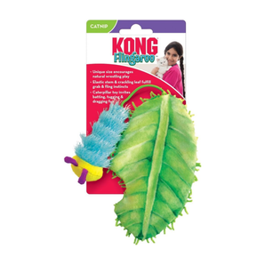 White background with a blue and yellow KONG Flingaroo Caterpillar cat toy attached to a green plush leaf, attached to a cardboard backing.