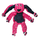 Pink and white stripy fabric Rabbit Dog Toy with dark blue fabric ears and belly, pictured on a white background. 