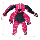 Pink and white stripy fabric Rabbit Dog Toy with dark blue fabric ears and belly, with measurements to left 9.5" and underneath 9" pictured on a white background. 