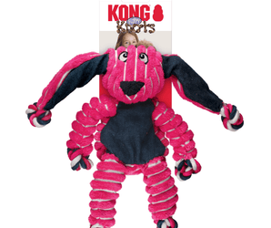 Pink and white stripy fabric Rabbit Dog Toy with dark blue fabric ears and belly attached to a cardboard backing, pictured on a white background. 