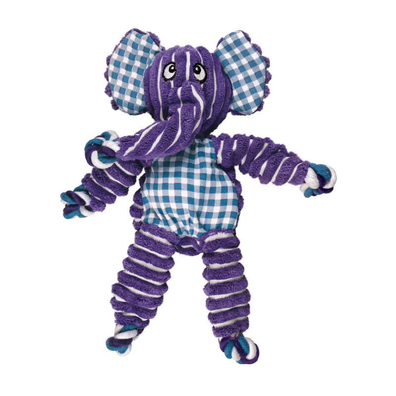 Purple and white stripy fabric Elephant Dog Toy with blue and white checked fabric ears and belly, pictured on a white background. 