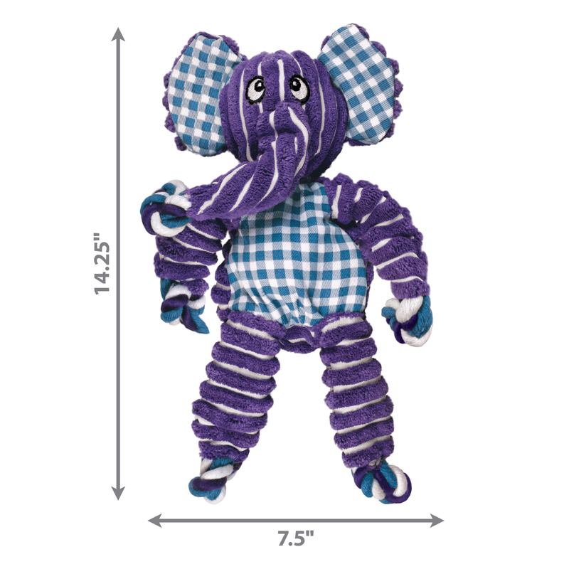 Purple and white stripy fabric Elephant Dog Toy with blue and white checked fabric ears and belly, measurements to the left 14.25" and underneath 7.5" pictured on a white background. 