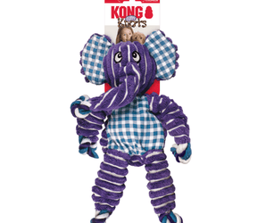 Purple and white stripy fabric Elephant Dog Toy with blue and white checked fabric ears and belly attached to a cardboard backing, pictured on a white background. 